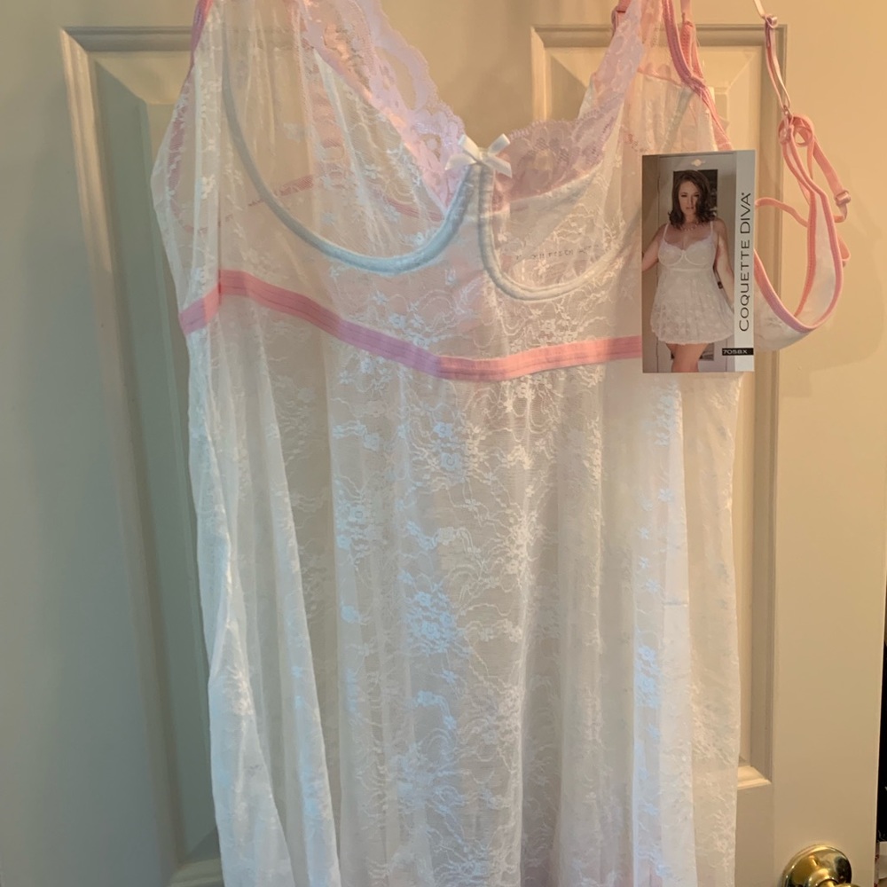 White lace with pink accent babydoll with g string